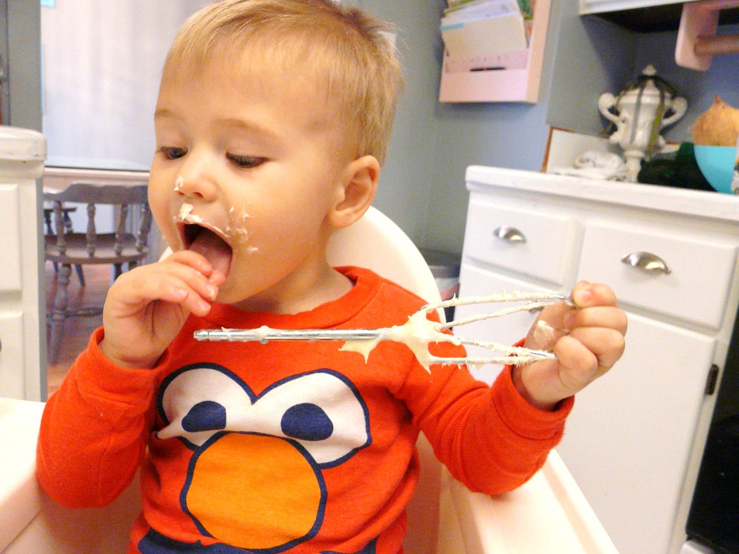 Thursday, Feb 16, I can't believe that this is the first time I've let Tennyson lick the beaters after whipping up a batch of cream cheese frosting! But alas, it is so. {And just for the record: he loved it.}