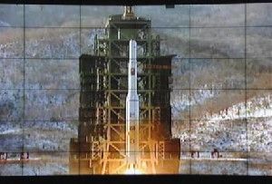 A screen shows a rocket being launched from a launch pad at the West Sea Satellite Launch Site, at North Korea's satellite control centre in Cholsan county, North Pyongan province, in this photo released by Kyodo December 12, 2012. North Korea successfully launched a rocket on Wednesday, boosting the credentials of its new leader and stepping up the threat the isolated and impoverished state poses to opponents.