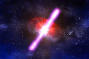 An illustration of a gamma-ray burst, the most powerful explosion type yet seen in the universe.