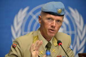 Major-General Robert Mood, head of the UN Supervision Mission in Syria and Chief Military Observer, speaks during a news conference held with Kofi Annan, Joint Special Envoy of the United Nations and the Arab League for Syria, not seen, at the United Nations in Geneva, Switzerland, June 22.