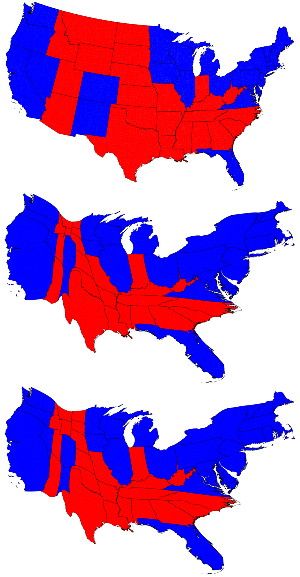 In a typical election map (top), states are red or blue to indicate whether a majority of their voters voted for the Republican candidate, Mitt Romney, or the Democratic candidate, Barack Obama. Election cartograms by population numbers (middle) or electoral votes (bottom) give a more accurate visual representation of the election results.