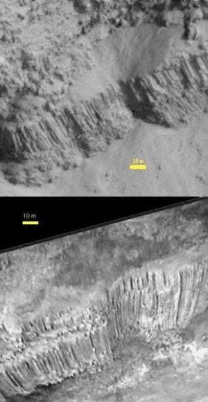 Basalt columns in a (top) fresh crater near Marte Vallis on Mars look remarkably similar to columns at the Clarkston outcrop (bottom) in Washington state. The Mars columns were imaged with the HiRISE camera on NASA's Mars Reconnaissance Orbiter. The aerial view of the Clarkston outcrop was taken from a remote-controlled plane. The scale (yellow bar) of both images is 10 meters (about 33 feet). (Credit: NASA/JPL/University of Arizona and Goddard/David Weiss)