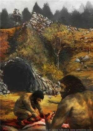 Neanderthals at the cave site of Trou Al'Wesse in Belgium, clinging on as climate deteriorated. (Credit: Digital painting by James Ives)