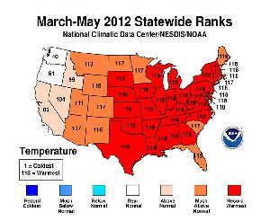 May 2012 Statewide Temperature Ranks Map. (Credit: NOAA)