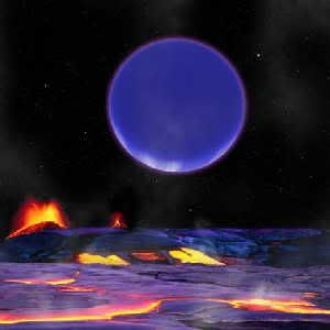 An artist's conception shows the Neptune-scale Kepler-36c as it might look from the surface of Kepler-36b, a hot super-Earth.