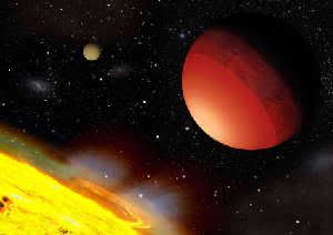 Scientists at Washington University have simulated the atmospheres of hot Earth-like planets, such as CoRoT-7b, shown here in an artist’s conception. CoRoT-7b orbits so close to its star that its starward side is an ocean of molten rock. By looking for atmospheres like those generated by the simulations, astronomers should be able to identify Earth-like exoplanets. (Credit: A. Leger et al./Icarus)