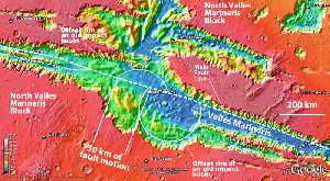 iew of central segment of Mars' Valles Marineris, in which an older circular basin created by an impact is offset for about 93 miles (150 kilometers) by a fault. (Credit: Image from Google Mars created by MOLA Science Team)