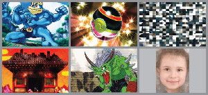 Clockwise from top left are images used in the study: Machamp, a large four-armed Pokemon; Pokemon Ball Trainer; scrambled image; a child's face; a Digimon character; and Pokemon Stadium. (Credit: Image courtesy of Indiana University)