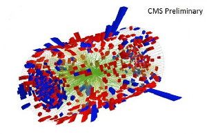 A three-dimensional view of a p-Pb collision that produced collective flow behavior. The green lines are the trajectories of the sub-atomic particles produced by the collision reconstructed by the CMS tracking system. The red and blue bars represent the energy measured by the instrument's two sets of calorimeters. (Credit: CMS Collaboration)