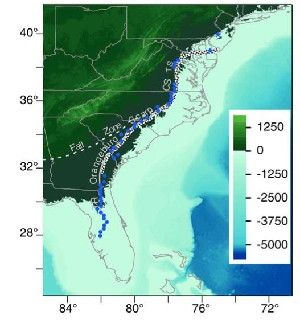 The East Coast shoreline, also known as the Orangeburg Scarp, as it may have appeared 3 million years ago. (Credit: Image courtesy of Syracuse University)