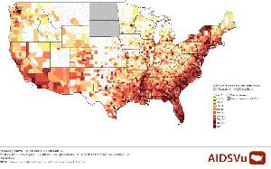 This maps shows the 2010 rate of adults/adolescents living with an HIV diagnosis per 100,000 population. The darker the area, the higher the rate. Areas shown in white are places where data are not shown (to protect privacy) and gray areas indicate places where data were not released or not available to AIDSVu. (Credit: Image courtesy of Emory Health Sciences)