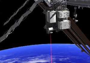 This artist's concept shows how the Optical Payload for Lasercomm Science (OPALS) laser will beam data to Earth from the International Space Station. (Credit: NASA)