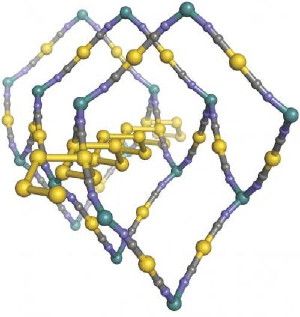 This is a representation of zinc dicyanoaurate showing a spring-like gold helix embedded in a flexible honeycomb-like framework. (Gray balls are carbon atoms, purple is nitrogen, and teal is zinc.) (Credit: Image courtesy of Andrew Goodwin, University of Oxford.)