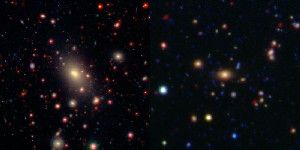 This image shows two of the galaxy clusters observed by NASA's Wide-field Infrared Survey Explorer (WISE) and Spitzer Space Telescope missions. Galaxy clusters are among the most massive structures in the universe. The central and largest galaxy in each grouping, called the brightest cluster galaxy or BCG, is seen at the center of each image. (Credit: NASA/JPL-Caltech/SDSS/NOAO)
