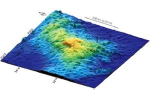 This 3D image of the seafloor shows the size and shape of Tamu Massif, a huge feature in the northern Pacific Ocean, recently confirmed to be the largest single volcano on Earth. (Credit: Image courtesy Will Sager)
