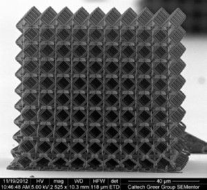 Three-dimensional, hollow titanium nitride nanotruss with tessellated octahedral geometry. Each unit cell is on the order of 10 microns, each strut length within the unit cell is about three to five microns, the diameter of each strut is less than one micron, and the thickness of titanium nitride is roughly 75 nanometers. (Credit: Dongchan Jang and Lucas Meza)
