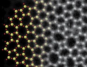 A microscopic photo of a sheet of glass only two atoms thick blends with an artist's conception to show the structural rendering. (Credit: Kavli Institute at Cornell for Nanoscale Science)