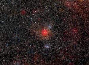 HR 5171, the brightest star just below the centre of this wide-field image, is a yellow hypergiant, a very rare type of stars with only a dozen known in our galaxy. Its size is over 1,300 times that of the Sun -- one of the 10 largest stars found so far. Observations with ESO's Very Large Telescope Interferometer have shown that it is actually a double star, with the companion in contact with the main star.