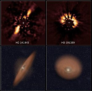 The two images at top reveal debris disks around young stars uncovered in archival images taken by NASA’s Hubble Space Telescope. The illustration beneath each image depicts the orientation of the debris disks.