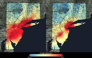 Satellite data show that New York City has seen a 32 percent decrease in nitrogen dioxide between the 2005-2007 (left) and 2009-2011 (right) periods. The city tops the charts in terms of U.S. population, which usually means more air pollution. Even here, however, the air is on the mend.