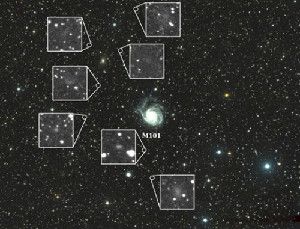 This image shows the field of view from the Dragonfly Telephoto Array, centered on M101. Inset images highlight the seven newly discovered galaxies.