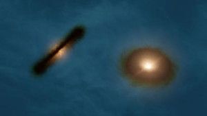 This artist's impression shows a striking pair of wildly misaligned planet-forming gas discs around both the young stars in the binary system HK Tauri. ALMA observations of this system have provided the clearest picture ever of protoplanetary discs in a double star. The new result demonstrates one possible way to explain why so many exoplanets -- unlike the planets in the solar system -- came to have strange, eccentric or inclined orbits.