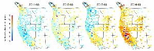 Maps of GPS points in the western United States, with blue indicating a drop and yellow-red reflecting a rise.