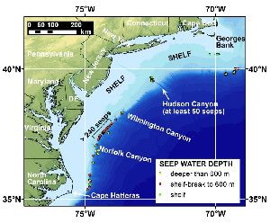 Map of the northern U.S. Atlantic margin showing the locations of newly-discovered methane seeps mapped by researchers from Mississippi State University, the U.S. Geological Survey, and other partners. None of the seeps shown here was known to researchers before 2012.