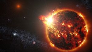 DG CVn, a binary consisting of two red dwarf stars shown here in an artist's rendering, unleashed a series of powerful flares seen by NASA's Swift. At its peak, the initial flare was brighter in X-rays than the combined light from both stars at all wavelengths under typical conditions.