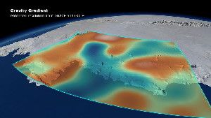 Changes in Earth's gravity field resulting from loss of ice from West Antarctica between November 2009 and June 2012. A combination of data from ESA's GOCE mission and NASA's Grace satellites shows the 'vertical gravity gradient change'.