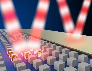 Artist's impression of a comparison between a magnetic mirror with cube shaped resonators (left) and a standard metallic mirror (right). The incoming and outgoing electric field of light (shown as alternating red and white bands) illustrates that the magnetic mirror retains light's original signature while a standard metallic mirror reverses it upon reflection.