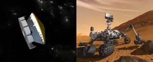 Artist's concept illustrations show (left) the Mars Science Laboratory spacecraft during its voyage from Earth to Mars and (right) the mission's rover, Curiosity, working on Mars after landing. Image credit: NASA/JPL-Caltech