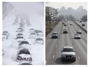 In this photo combination, hundreds of cars are stranded on Lake Shore Drive on Feb. 2, 2011, in Chicago, left, while traffic moves along smoothly on the same stretch of Lake Shore Drive on Wednesday, Feb. 1, 2012, right. A winter blizzard of historic proportions wobbled an otherwise snow-tough Chicago on Feb. 1, 2011, stranding hundreds of drivers for up to 12 hours overnight on the city's showcase thoroughfare and giving many city schoolchildren their first ever snow day. (AP Photo/Kiichiro Sato, File)