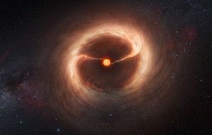 In this illustration, gaseous streams spiral in from a disk surrounding the young star HD 142527. Two protoplanets (seen as tiny knots within the streams) may be funneling the gas inwards to the star.