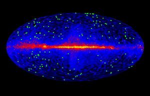 Astronomers used 150 blazars (green dots) to detect photons from the universe’s first stars. The map shows the sky in gamma rays, with the Milky Way shown in orange.