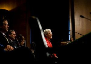 Gina McCarthy, center, President Obama’s nominee to be E.P.A. administrator, at a committee hearing on Thursday.