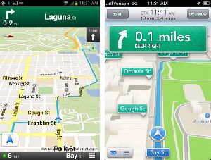 Google Maps (left) and Apple Maps on smartphones.