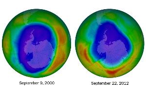 On September 22 (right), the hole in the ozone layer (blue and purple) above Antarctica reached its smallest maximum size in two decades, covering 21.2 million square kilometers. The largest ozone hole on record occurred on September 9, 2000 (left), measuring 29.9 million square kilometers.