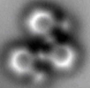 Almost as clearly as a textbook diagram, this image made by a noncontact atomic force microscope reveals the positions of individual atoms and bonds, in a molecule having 26 carbon atoms and 14 hydrogen atoms structured as three connected benzene rings.
