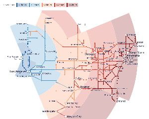 Explore a hypothetical North American Hyperloop network, where total travel time between cities by Hyperloop is represented by color. Click on a city to re-center the map at a different origin. Mouse over a destination city to compare calculated Hyperloop travel time with drive time and to see the additional travel time needed to reach nearby cities. Infographic by Michael Kelly.