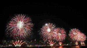 Fireworks explode in the air, as seen from Weehawken, New Jersey on the Hudson River during the Macy's Firework display on July 4, 2009. It was the first time since the year 2000 that the fireworks have exploded over the Hudson River and not the East River. Yana Paskova/Getty Images