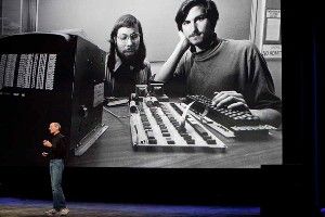 The black-and-white photo from 1976 shows Steve Jobs (right) with co-founder Steve Wozniak. In the foreground Jobs gives a talk in January 2010.