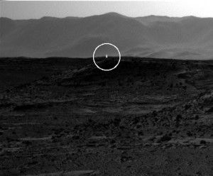 A bright flash of light appears to be visible in this image taken by the right-side navigation camera on NASA's Mars rover Curiosity on April 3, 2014.