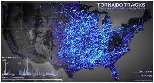 The tracks of tornadoes in the US during the past 56 years, categorized by F-Scale. Credit: John Nelson