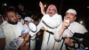 Mussallam al-Barrak (right) gave a fiery speech at a rally earlier this month