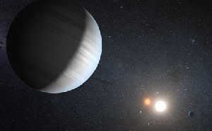 Kepler-47, illustrated here, is the first transiting multiplanet system found around two stars. The outer planet is in the system’s life-friendly zone, though it is bigger than Uranus and likely incapable of hosting life.