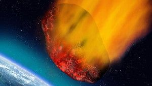 An illustration of a huge asteroid plummeting towards the earth.