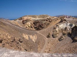 The volcanic crater on Nea Kameni in Santorini, Greece.