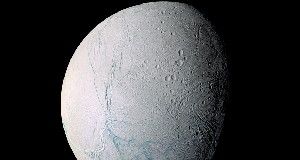 FROZEN &nbsp;Enceladus, a 500-kilometer-wide moon of Saturn, is blanketed in a thick sheet of ice. Salty water erupts through a network of fissures (blue) in the southern hemisphere. New measurements of the moon’s gravity reveal a subsurface ocean 30 to 40 kilometers beneath the south pole.