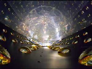 The inside of a cylindrical antineutrino detector before being filled with clear liquid scintillator, which reveals antineutrino interactions by the very faint flashes of light they emit. Sensitive photomultiplier tubes line the detector walls, ready to amplify and record the telltale flashes. (Roy Kaltschmidt photo, LBNL)